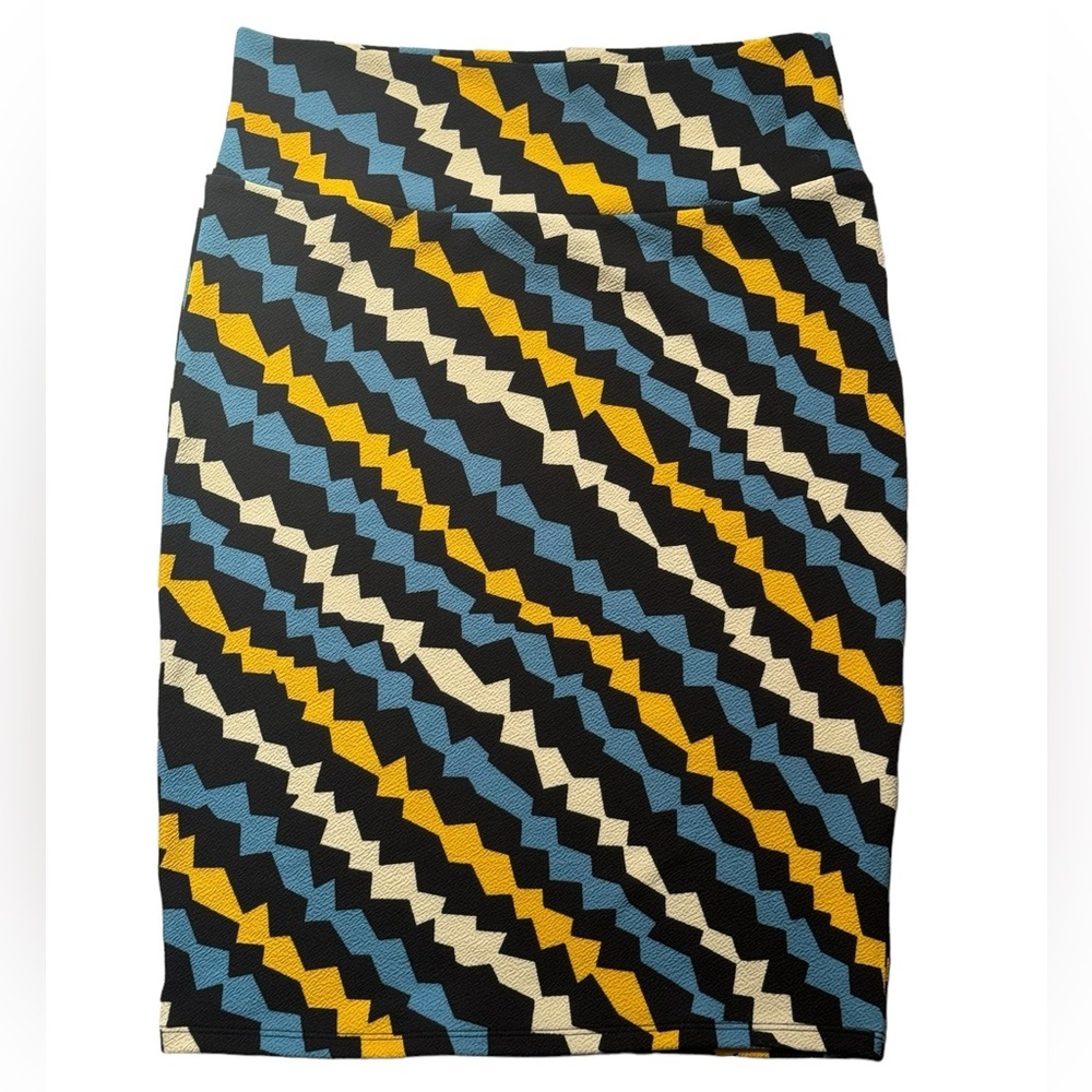 LuLaRoe‎ Cassie Pencil Skirt, knit, aqua/yellow,/black/white, size medium